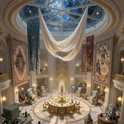 alchemist's polygonal laboratory with giant walls and glass ceilings showing the stars and hanging silk drapery and tapestries, light dust, magnificent, close up, sharp focus, elegant, from above, highly detailed, illustration, by jordan grimmer greg rutkowski wlop maya takamura, intricate, trending artstation, pixiv, digital art