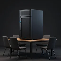 a big server on a table and 4 chairs, ghibli, unreal 5, daz, hyperrealistic, octane render, rpg portrait, dynamic lighting