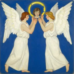 vision of angels with a broken halo, trying to fix it by patrick brown and anton fadeev, style of marimekko