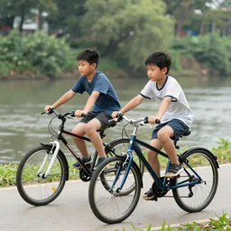 two boys riding a bike near a river realistic highly detailed
