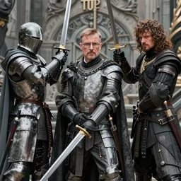 walter white and gustavo fring dress like knights from game of thrones, fighting with swords, cinematic, highly - detailed, 8 k, hbo, game of thrones, realistic