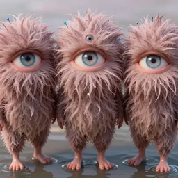 three eyed hairy, third eye in middle of forehead, wide wide shot, photograph, wet hairy bodies, wet feet in water, bodies, soft colors, wet eye in forehead, pins, very detailed, wet eyes reflecting into eyes reflecting into  infinity, beautiful lighting