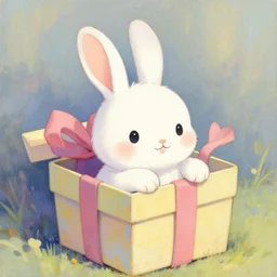 detailed illustration of a cartoon white rabbit in a gift box, pastel colors, painting, shading, atmospheric perspective