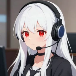 anime portrait of white long haired red eyed young cute girl wearing headset by ponkan 8
