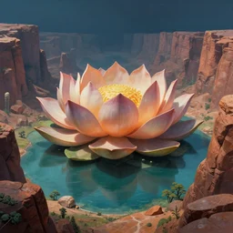a beautiful highly detailed matte painting of an alien planet with giant lotus with a lake surrounded by a canyon and rocks. by roger dean concept art