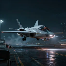 futuristic sci fi jet plane lands at runway of cyberpunk airport,night photo ,dark cinematic lighting , digital concept art