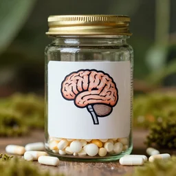 awesome photo of jar with logo of a brain with pills, photo, 8 0 mm, kodak, advert, hyperrealism, photography, sharp focus, lush detail, award winning,