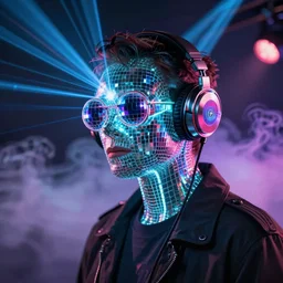 biomechanical bioluminescent neon Pringle with disco ball shades reflecting concert lasers, billowing iridescent smoke, wearing reflective chrome headphones, stunning performance, studio photo, 85mm f1.8 bokeh
