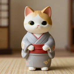 demure anthropomorphic cat figurine wearing a kimono