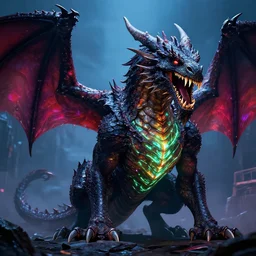big dark dragon, super sharp teeth, glowing neon skin, gigantic size