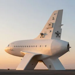 photo of minimalist abstract cubist sculpture of curvy spaceship with random small mecha mayan decorations, covered with few large white airplane parts with windows and doors, gigantic size, sunset lighting