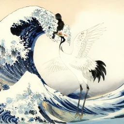 traditional chinese ink of japanese crane by hokusai, ultra detailed