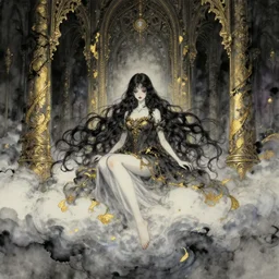 dreaming girl in the cloud palace. color ink and gold leaf by award - winning mangaka, romaticism, gothic horror, intricate details, depth of field
