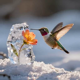 a hummingbird finding a beautiful flower, entrapped in ice, only snow in the background, beautiful macro photography, warm ambient light