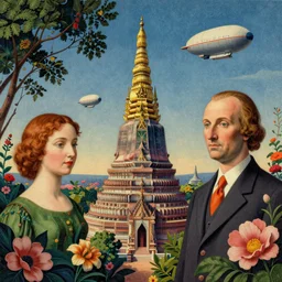 surreal glimpse into other universe, mahanakorn tower with airship floating sky, summer morning, very coherent and colorful high contrast, art by! gediminas pranckevicius, rene magritte! paul klee geof darrow, volumetric lighting, cinematic, floralpunk screen printing woodblock, dark shadows, hard lighting, stipple brush