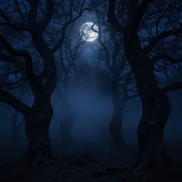 a wooded land of thick gnarled and twisted trees and black fog hanging over the woods beneath an everlasting night, night sky, full moon, dark blue colors, by asher brown durand and chesley bonestell