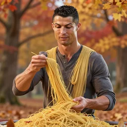 cristiano ronaldo made of noodles, studio ghibli, unreal 5, daz, hyperrealistic, octane render, cosplay, rpg portrait, dynamic lighting, intricate detail, harvest fall vibrancy, cinematic