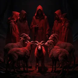 lamb cult digital art, deep crimson and dark shadows, black background, ambient glow, hooded lamb people gathering