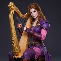 Full body Portrait of a beautiful young bard lady, playing an onrnamental Golden lyre, light borwn hair, White skin, dark Blue eyes, purple and pink leather garments, leather boots, fingerless gloves, extremely detailed face, high fantasy, magic music, dungeons and dragons, blizzard entertainment, industrial light and magic, pixar, mucha, trending on Artstation, artstationHD, artstationHQ, octane, cgsociety, HD, 16K