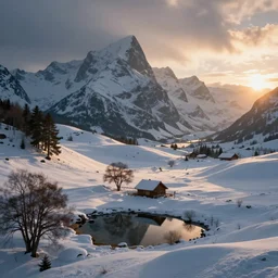 a beautiful fantasy landscape, snowy mountain in background, little cottage, small pond, some trees in the corner, sunrise.