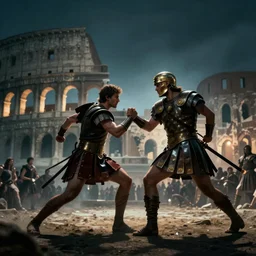 Movie poster of a Roman gladiator duel to the death, out of focus colosseum with spectators in background, in the style of Greg Rutkowski and Ace Powell and Jean Giraud, extremely moody lighting, glowing light and shadow, atmospheric, shadowy, cinematic