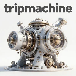 album art, album is called tripmachine, albumtitle is tripmachine, photo of a huge futuristic steampunk machinery inside a danceclub, 8 k, fluorescent colors, halluzinogenic, multicolored, exaggerated detailed, front shot, 3 d render, octane