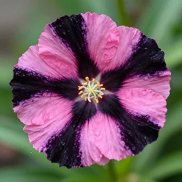 A flower whose petals are pink and black under the rain, professional photography