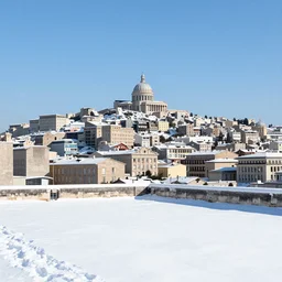 Marseille landmarks covered in snow at midday, photo, professional photography.