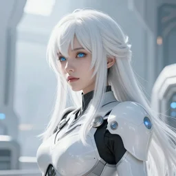perfect white haired girl, warframe armor, beautiful, dreamy, pretty face, blue eyes, portrait, bright light, scifi, utopian architecture in the background, laboratory, 4 k, high definition, ultra realistic, aura of light, cinematic, extreme details, focused, masterpiece, art by akihito tsukushi