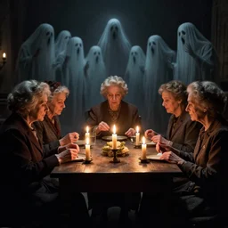 a seance conducted by old women, candle light, ghosts, ominous, by federico fellini