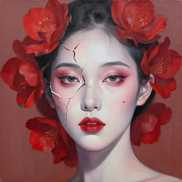 beautiful woman's fractured face blended with red flowers jacky tsai style, pale skin, make up, acrylic on canvas