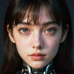 a cyborg girl with big shiny eyes looking straight at the camera. ultra close-up, wide-angle, kodachrome, studio lighting