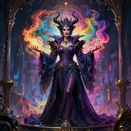 high fashion, beautiful of a middle aged, evil powerful wizard mage, intricate colorful cosmic rainbow uncontrollable smoke magic, baroque gothic oriental eastern cyberpunk city vista, concept art, artstation, style of artgerm