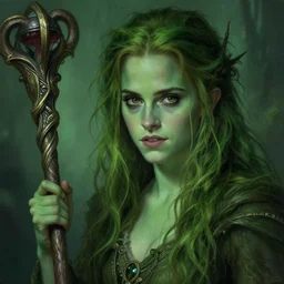 mindblowing portrait of emma watson as a swamp witch, green colored skin!!, green hair, holding a caduceus staff, messy hair, deep focus, d & d, fantasy, intricate, elegant, highly detailed, digital painting, artstation, concept art, matte, sharp, illustration, hearthstone, art by artgerm and greg rutkowski and alphonse mucha