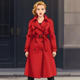 scarlett johansson wearing long red trench coat, anime style