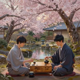 a professionnal oil painted digital art of a japanese garden with complex sakura trees in bloom, evening light. two highly detailed japanese young men playing shogi on a table while drinking tea. digital art, by greg rutkowski, trending on artstation, hq, 8 k, 4 k, unreal engine 5, concept art.