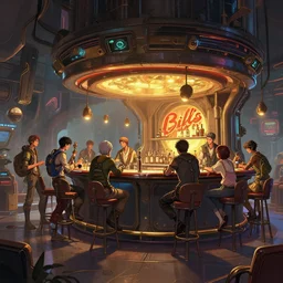 photo environement post futurist bill's bar : 4, 4 k rtx hdr volume light concept studio matte painting environement digital illustration style art that looks like it is from borderlands and by feng zhu and loish and laurie greasley, victo ngai, andreas rocha, john harris by jesper ejsing, by rhads, makoto shinkai and lois van