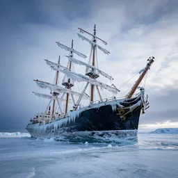 a tilted tallship shipwreck frozen in the ice in the arctic, dramatic sky, dramatic light, big format hasselblad photo, a close wide - angle shot up at the masts covered in ice and icicles