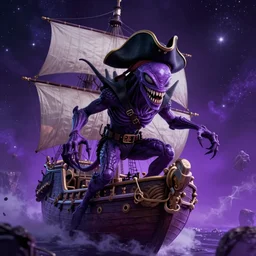 mind flayer wearing a pirate hat with a peg leg captaining a ship in outer space, space is purple, mind flayer is purple, digital art, cinematic, dramatic