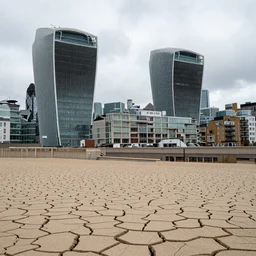 london in a drought, covered with sand and corroding buildings,