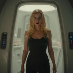 a still from bladerunner 2 0 4 9 depicting a medium shot photograph of a beautiful woman with blonde hair. she stands inside a futuristic pod shaped immortality machine. she stares intently into the camera with a hungry expression. sci fi, futuristic, cinematic, low light, soft focus.