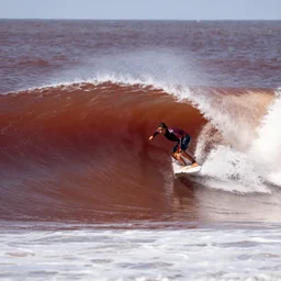 a surfer surfing a big wave, the water has a dark red color