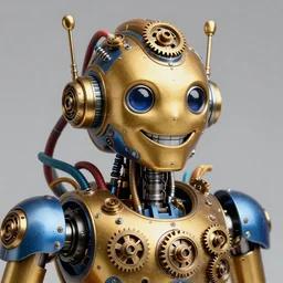 photo of a smiling golden and blue metal steampunk robotbust covered with multicolored tubes and gears, eyes are glowing green lightbulbs, arms are music instruments, shiny crisp finish, 3 d render, 8 k, insaneley detailed, fluorescent colors
