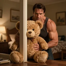 teddybear hiding from very buff Chuck Norris, Bedroom, dramatic atmosphere, trending on artstation, 40nm lens, 4k,