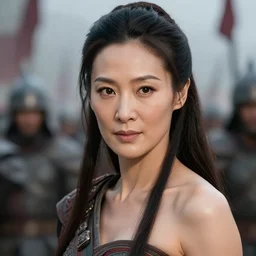young michelle yeoh as chinese warrior princess at the battle of helms deep, background: battle scene, clear makeup, clean hair, dry skin, clear skin, airbrushed, bright eye makeup, warrior body, photo by mario testino, 8k octane render, cinematic, hyper detailed, micro details, insanely detailed, trending on artstation, concept art