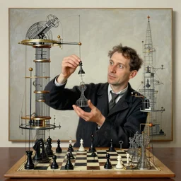 a man holding up a chess - piece wire - machine, a surrealist painting by marcel duchamp, complex artificial - intelligence machinery, flickr contest winner, studio portrait, 1 9 2 0 s