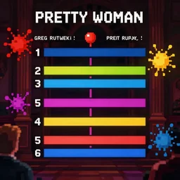 pretty woman gameplay still frame, 4 colors, pixel art, retro, splash screen, level design, high contrast, background, deep focus, highly detailed, dramatic lighting, digital painting, artstation, concept art, matte, greg rutkowski, moebius, illustration.