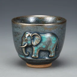 raku elephant sake cup, horse hair, raku metallic, turquoise, mottled, smokey, crackle, spot lit, deep color, translucent