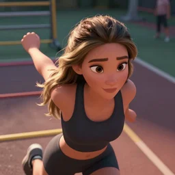 animation still frame of an attractive female agilitist ( long dark blond hair ) doing agility, high angle closeup portrait, ( ( wholesome, ) ) blurry background of the course of an agility course, disney, pixar, bloom, medium shot, waist up, dramatic lighting, in the style of studio ghibli, j. c. leyendecker