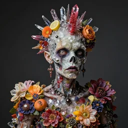 a portrait of a punk rock zombie, skin made of crystals fruit and flowers, Baroque, Arcimboldo, character design, ultra realistic